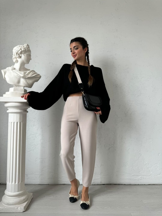 Krem Beli Lastikli Şalvar Pantolon