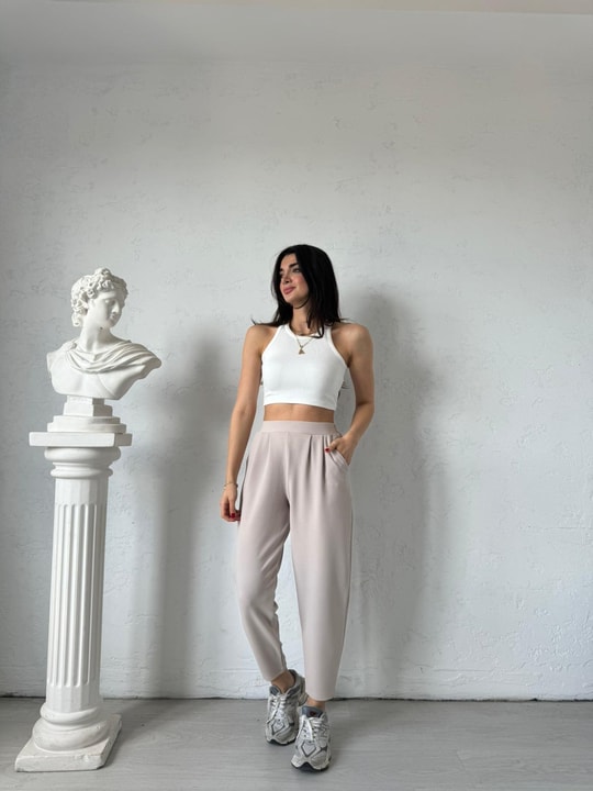 Krem Cepli Liza Şalvar Pantolon