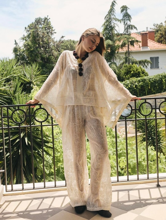 Krem Kendinden Desenli Summer Kimona Takım