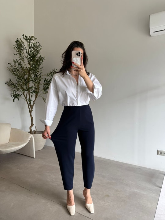 Lacivert Beli Lastikli Şalvar Mona Pantolon