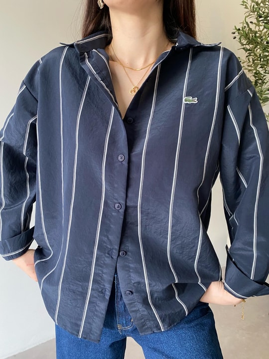 Lacivert Çizgili Oversize Gömlek