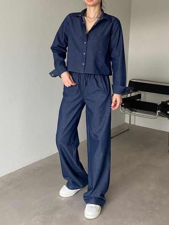 Lacivert Croplu Denim Takım