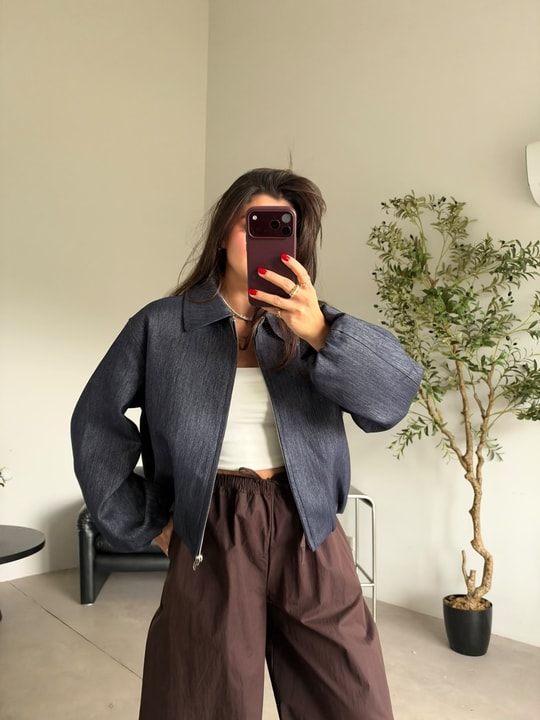 Lacivert Denim Bomber Ceket