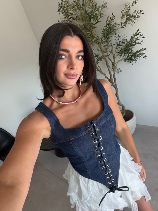 Lacivert Denim Korse Bluz