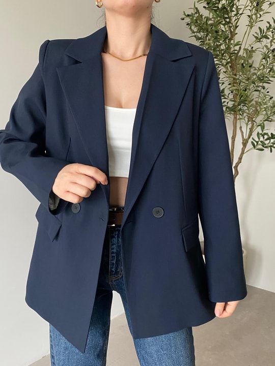 Lacivert Düğme Detaylı Kolu Katlamalı Ceket
