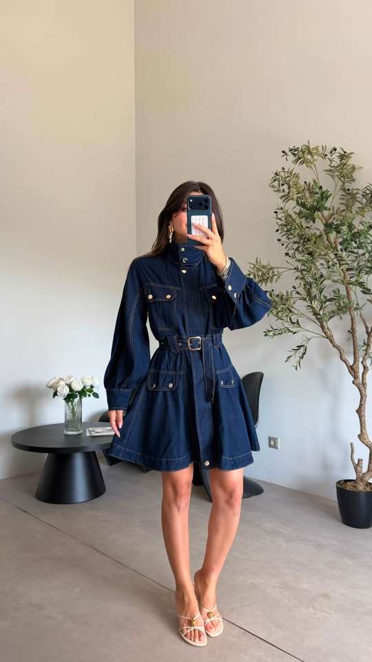 Lacivert Gold Düğmeli Denim Elbise