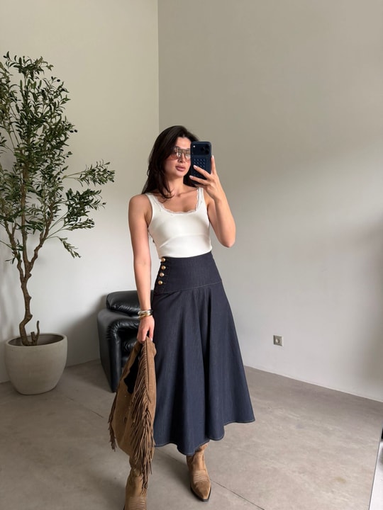 Lacivert Gold Düğmeli Denim Etek