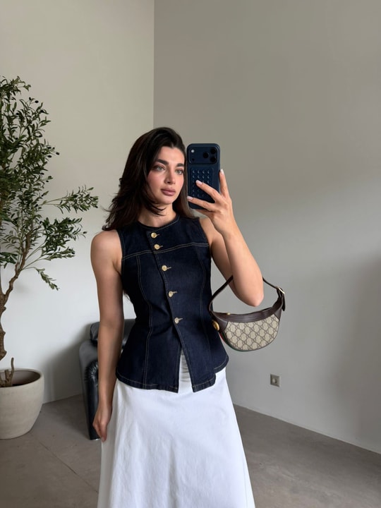 Lacivert Gold Düğmeli Denim Yelek