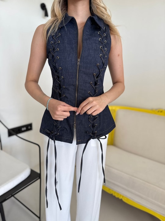 Lacivert Korseli Denim Kolsuz Gömlek