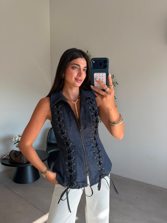 Lacivert Korseli Denim Kolsuz Yelek