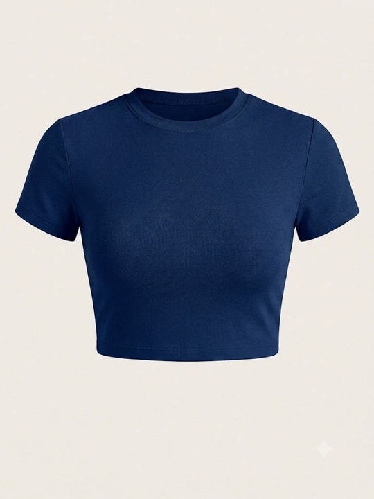 Lacivert Likralı Esnek Leo Crop Tişört