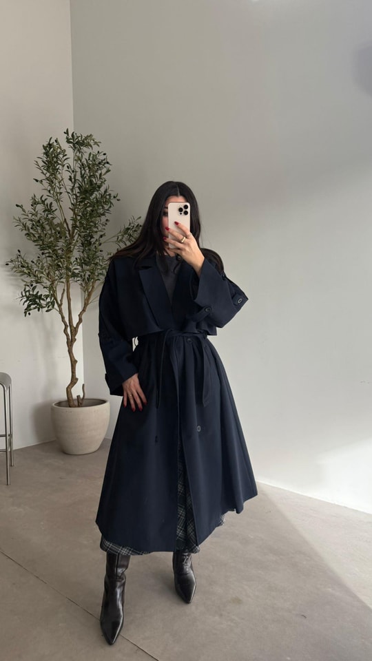 Lacivert Oversize Astarlı Yumuşacık Aren Trenç