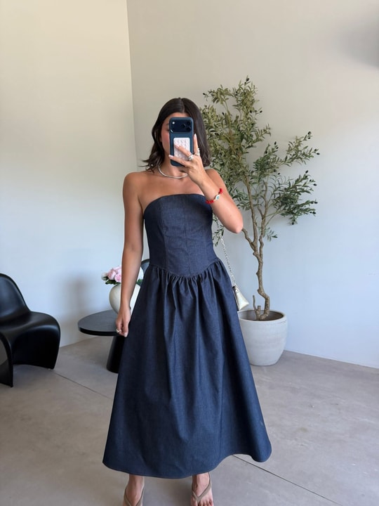 Lacivert Straplez Denim Elbise