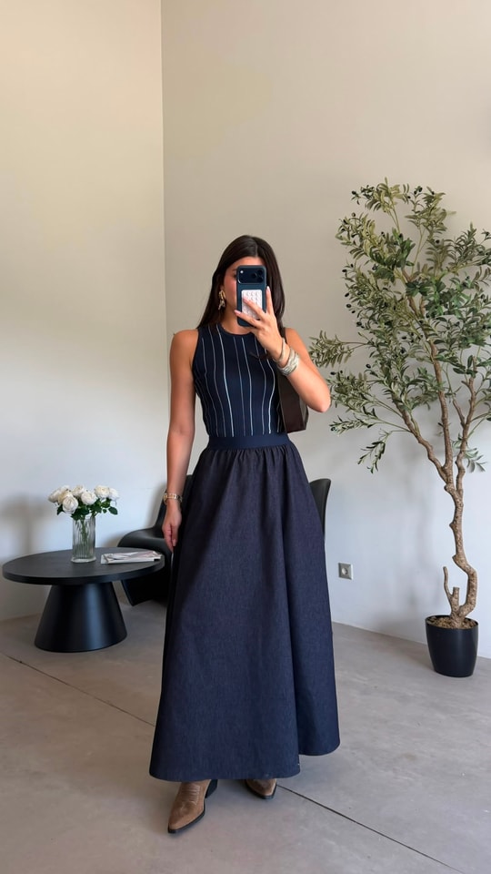 Lacivert Triko Detaylı Denim Elbise