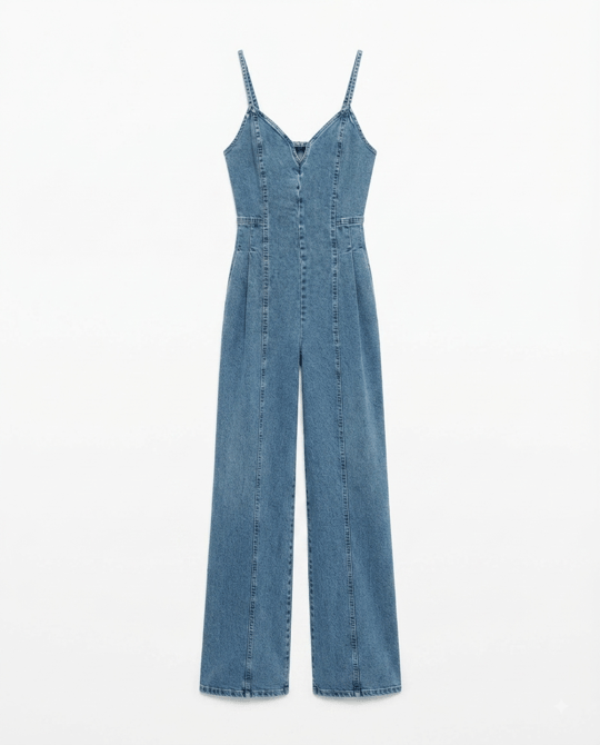Mavi Askılı Pileli Denim Tulum