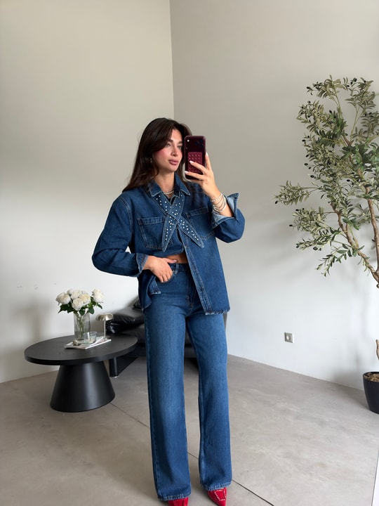 Mavi Yakası Taşlı Palazzo Denim Takım