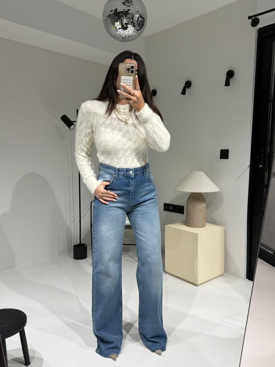 Mavi Yüksek Bel Kesik Paça Straight Jean