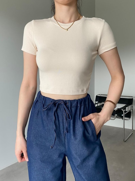 Nude Likralı Esnek Leo Crop Tişört