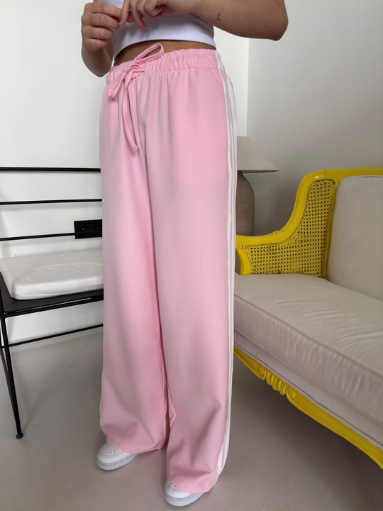 Pembe Beyaz Şeritli Beli Lastikli Pantolon