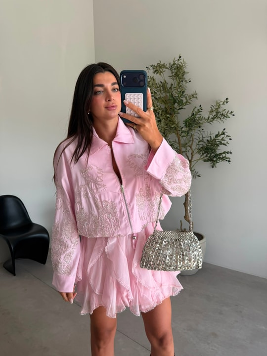Pembe Fırfırlı Astarlı Etek