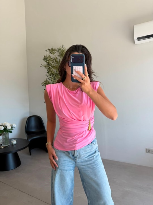 Pembe Gold Detaylı Vatkalı Bluz