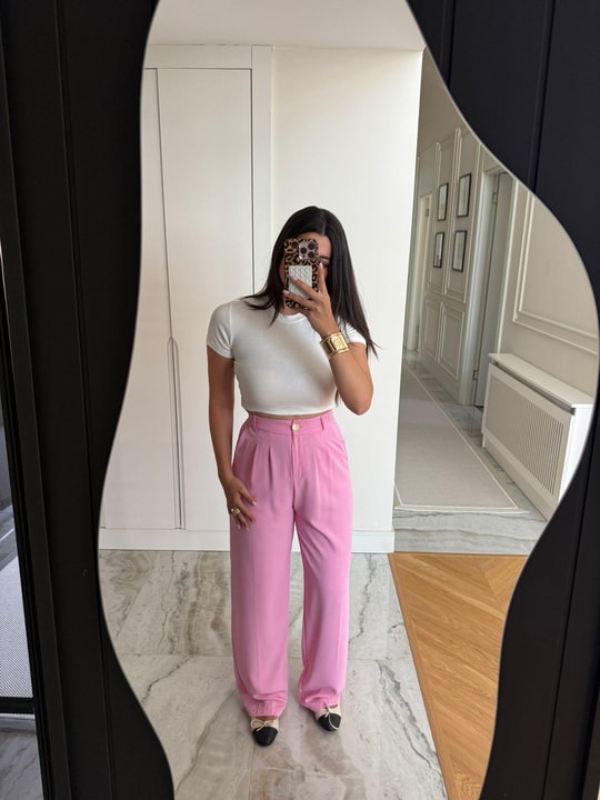 Pembe Gold Düğmeli Pileli Palazzo Pantolon