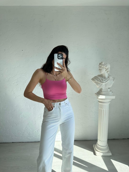 Pembe İp Askılı Uzun Crop (51 cm)