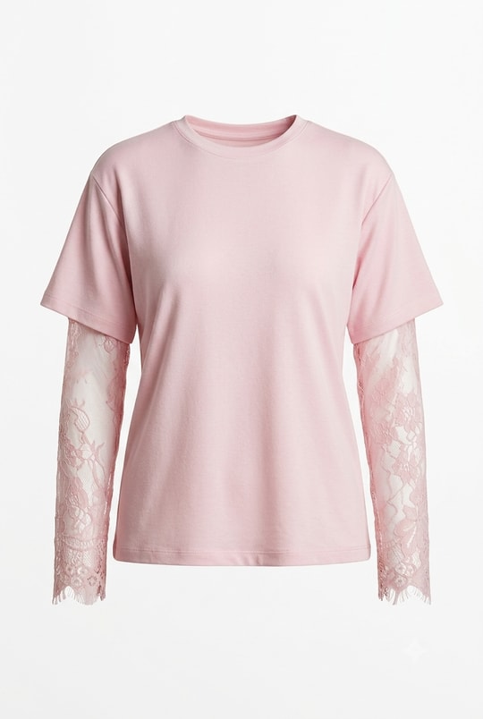 Pembe Kolu Dantelli Tişört Bluz