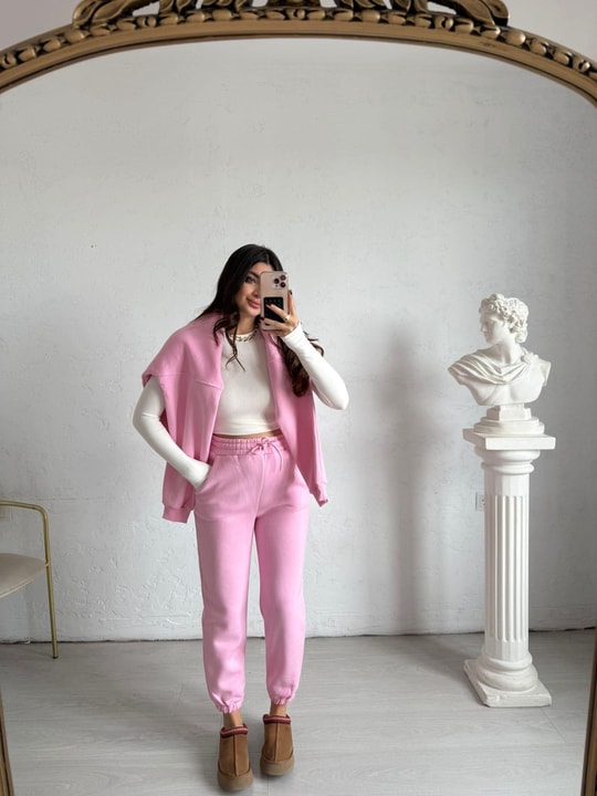 Pembe Şardonlu Oversize Aura Eşofman Altı