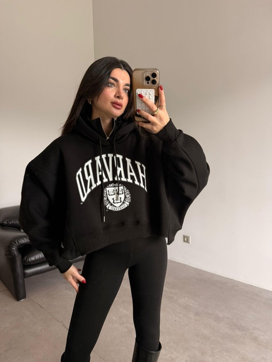 Siyah Harvard Baskılı Oversize Sweat