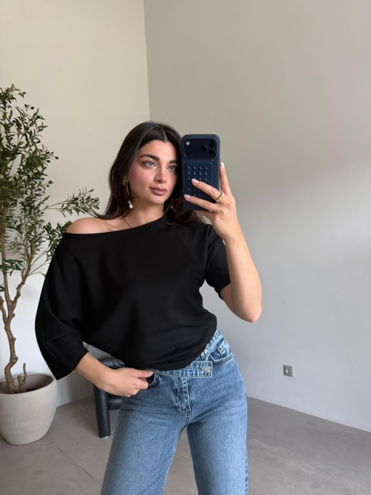 Siyah Yarasa Kol Basic Bluz