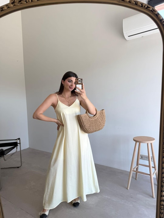 Soft Sarı Askılı Tensel Elbise