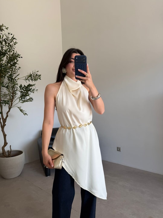 Soft Sarı Sırt Dekolteli Asimetrik Bluz