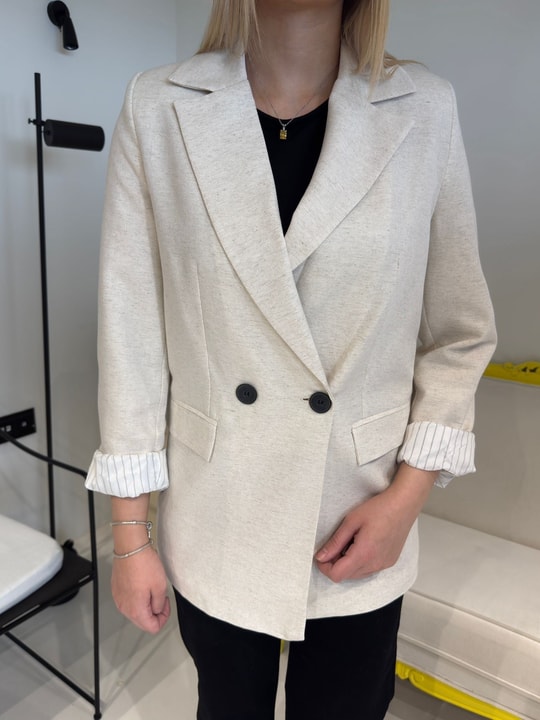 Taş Rengi Kolu Katlamalı Keten Blazer Ceket
