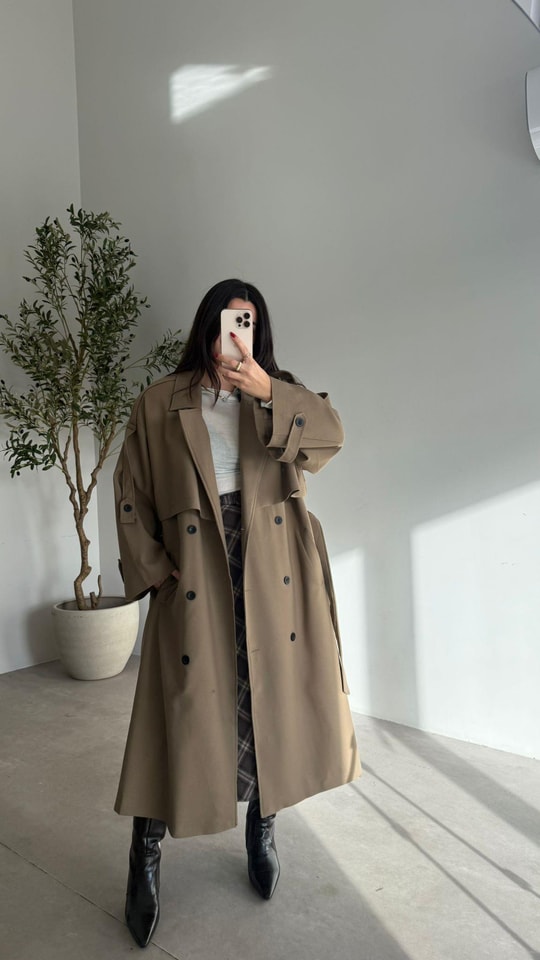 Yağ Yeşili Oversize Astarlı Yumuşacık Aren Trenç