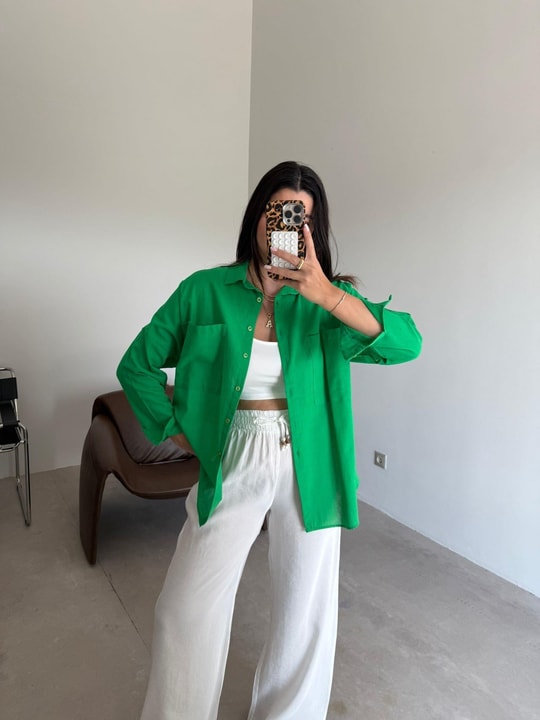 Yeşil Oversize Lena Keten Gömlek