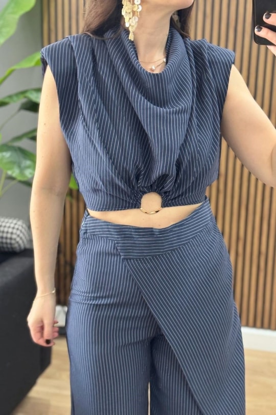 Toka Detaylı Çizgili Premium Bluz Lacivert