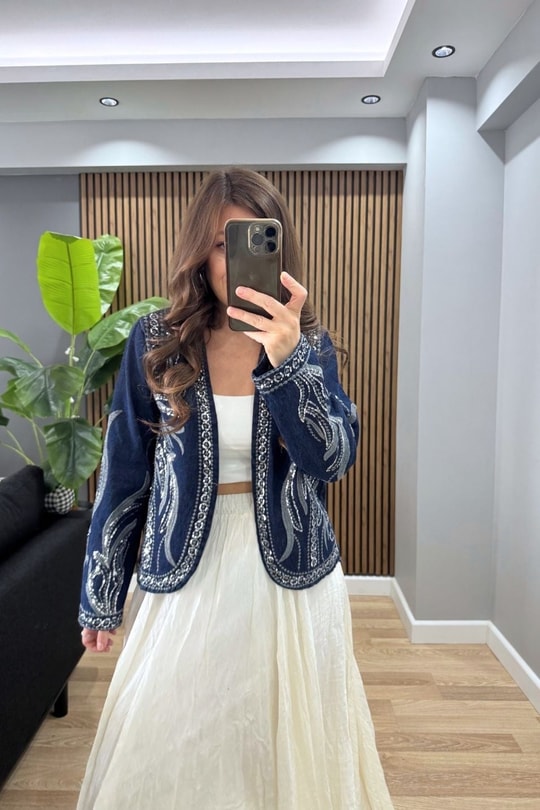 Sierra Pul İşlemeli Denim Ceket Koyu Mavi