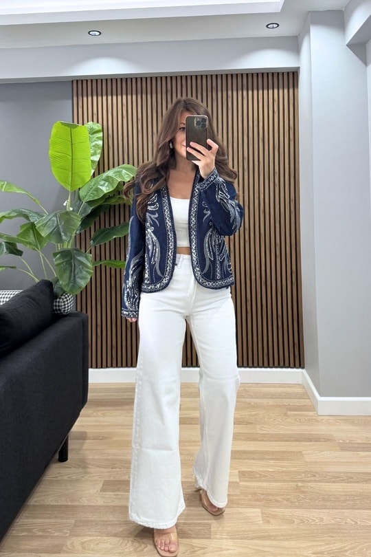 Sierra Pul İşlemeli Denim Ceket Koyu Mavi