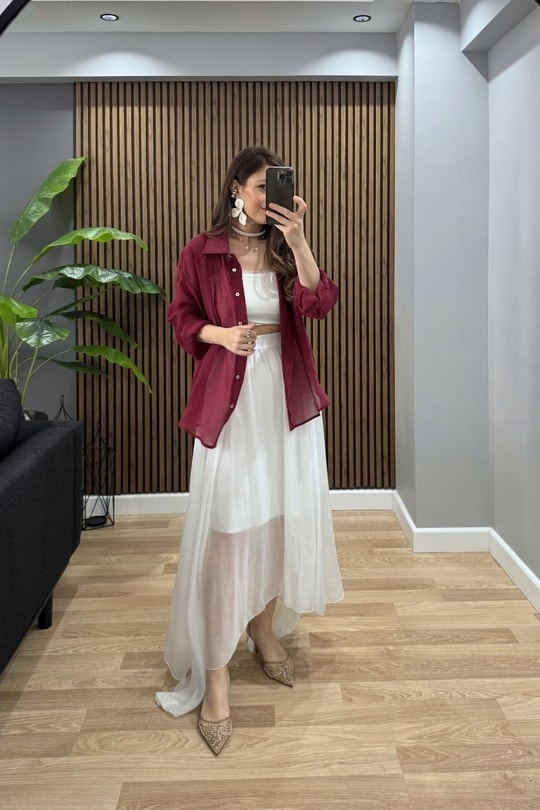 İpeksi Dokulu Oversize Gömlek Bordo