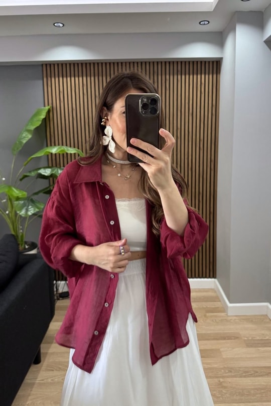İpeksi Dokulu Oversize Gömlek Bordo