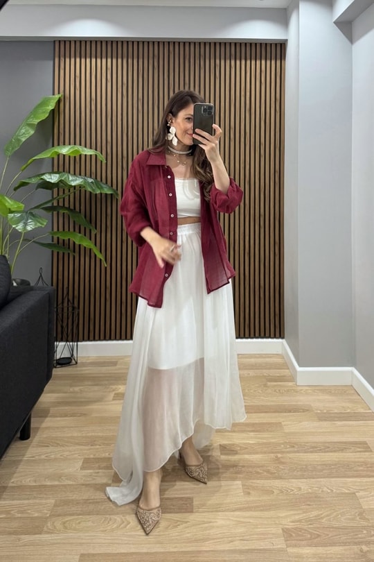 İpeksi Dokulu Oversize Gömlek Bordo