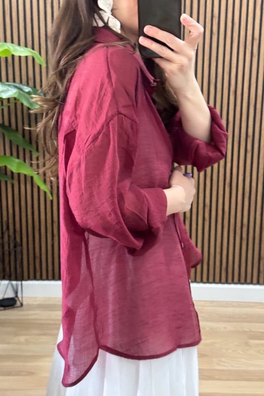 İpeksi Dokulu Oversize Gömlek Bordo