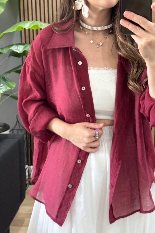 İpeksi Dokulu Oversize Gömlek Bordo