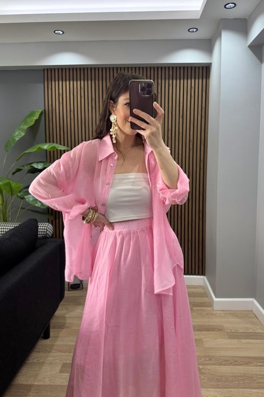 İpeksi Dokulu Oversize Gömlek Pembe