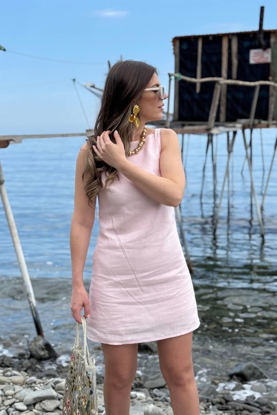 Antoryum Keten Astarlı Elbise Pembe