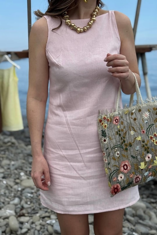Antoryum Keten Astarlı Elbise Pembe