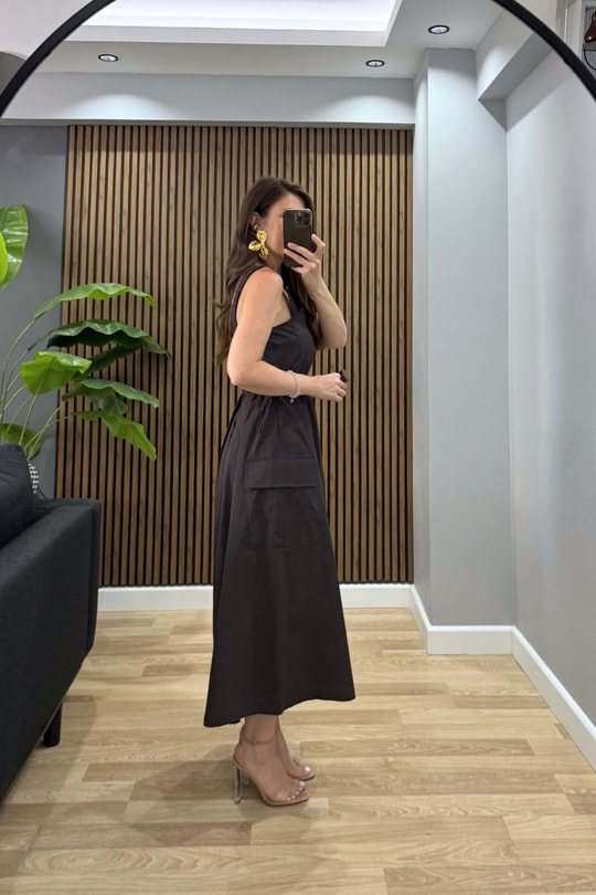 Mireva Askılı Midi Boy Elbise Kahverengi