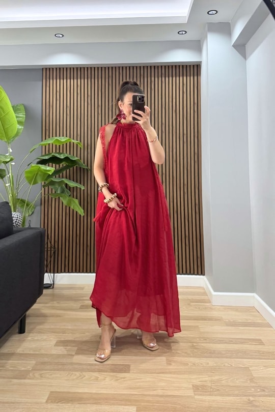 Rosien Dantel Yaka Maxi Elbise Kırmızı