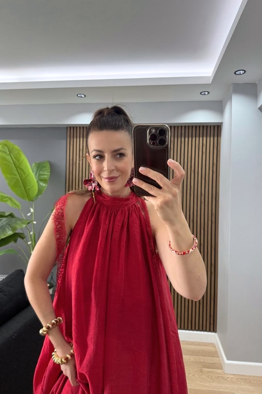 Rosien Dantel Yaka Maxi Elbise Kırmızı